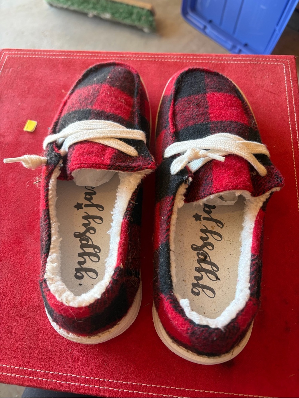Gypsy Jazz Red and Black Buffalo Plaid Slip-Ons. Women’s size 6